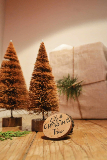 Two medium-sized handcrafted coir Christmas trees from Almitra Sustainables displayed on a rustic wooden table, with a fabric-wrapped gift box and wooden "Oh Christmas Tree" tag in the background.