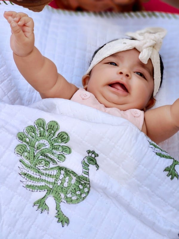 Mystic Peacock – Hand Block Printed Muslin Blanket