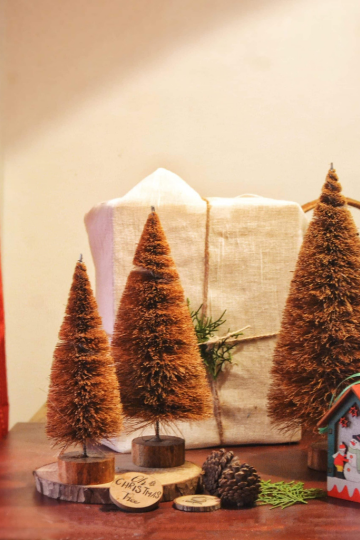Rustic Christmas scene featuring three handcrafted coir Christmas trees by Almitra Sustainables, surrounded by a pinecone, greenery, and a linen-wrapped present — perfect for eco-conscious festive styling.