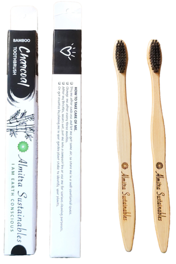 Eco-friendly bamboo charcoal toothbrushes with natural bristles in plastic-free packaging, pack of 2 by Almitra Sustainables