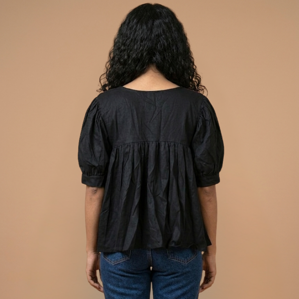 Black Linen With Big Collar Ikat Patchwork