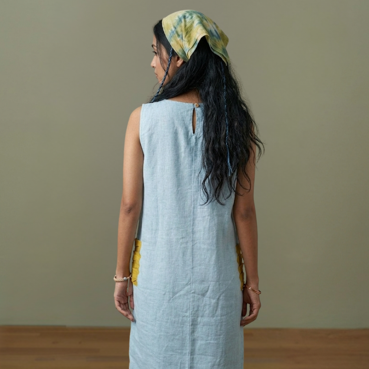 Blue Linen Hand Embroidered Dress