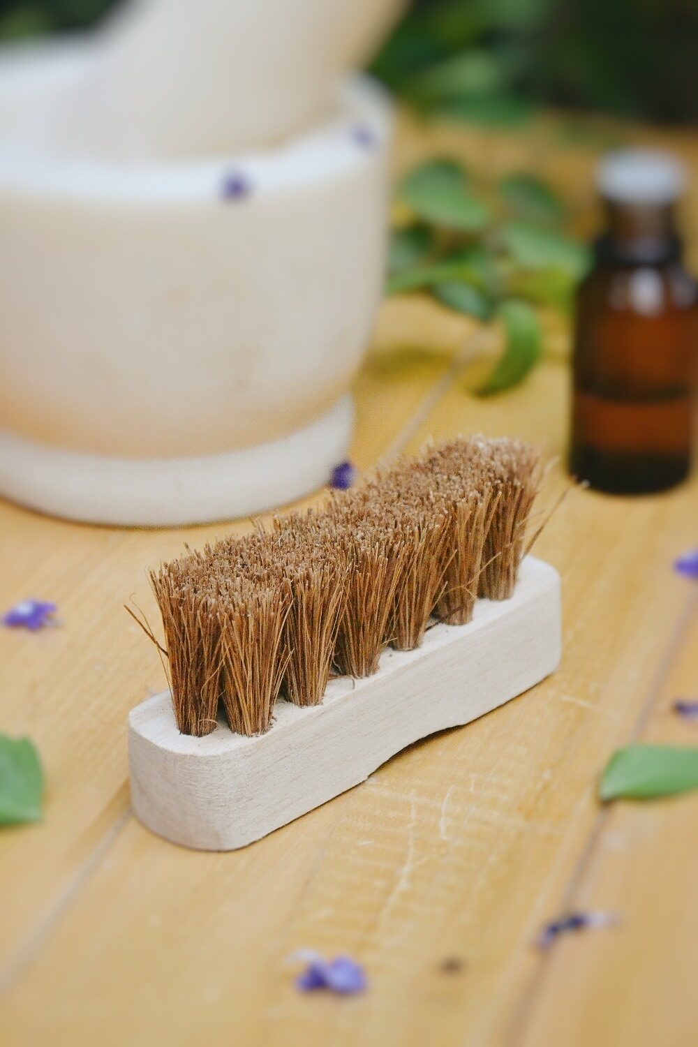Natural coconut coir pedicure brush with a handcrafted wooden handle placed on a wooden surface, surrounded by botanical elements—ideal for eco-friendly foot scrubbing, dry brushing, and sustainable personal care.