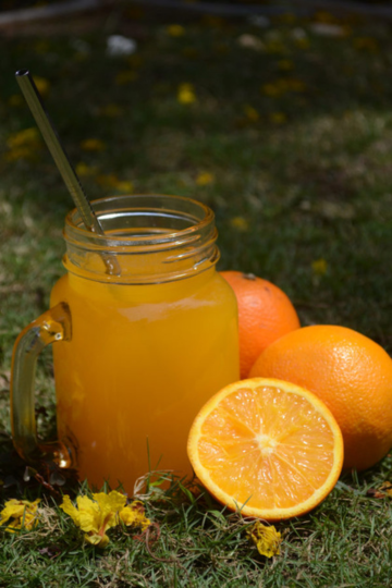 A stainless steel reusable straw from Almitra Sustainables placed in a mason jar filled with fresh orange juice, surrounded by whole and sliced oranges on a grassy outdoor setting, symbolizing natural, plastic-free hydration.