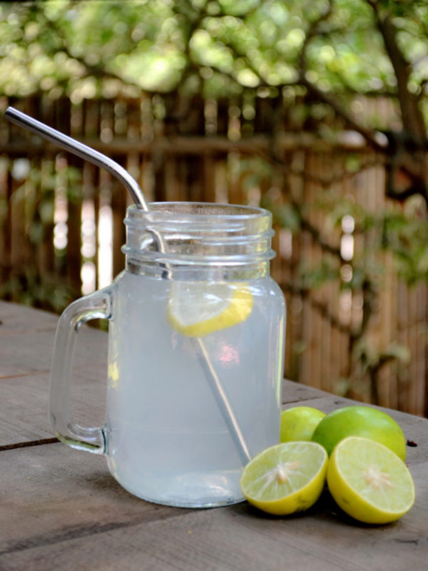Glass mason jar filled with lemonade and a lemon slice, featuring a reusable stainless steel bent straw by Almitra Sustainables, placed outdoors with fresh limes – promoting sustainable, zero-waste living.