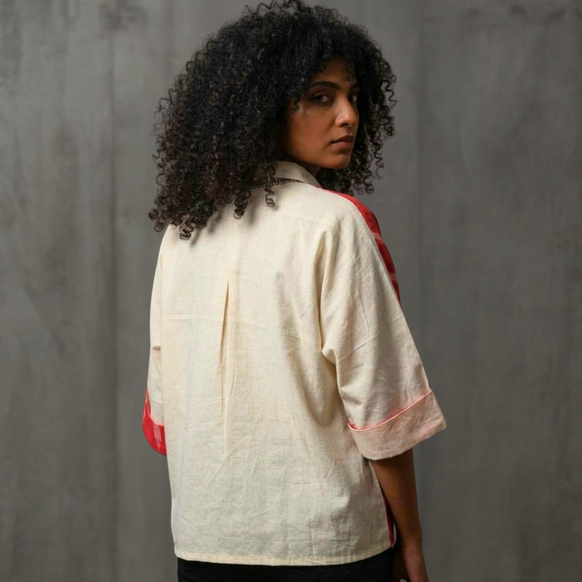 Unbleached Cotton Ikat Half and Half Anti-Fit Shirt - Embroidered Cat