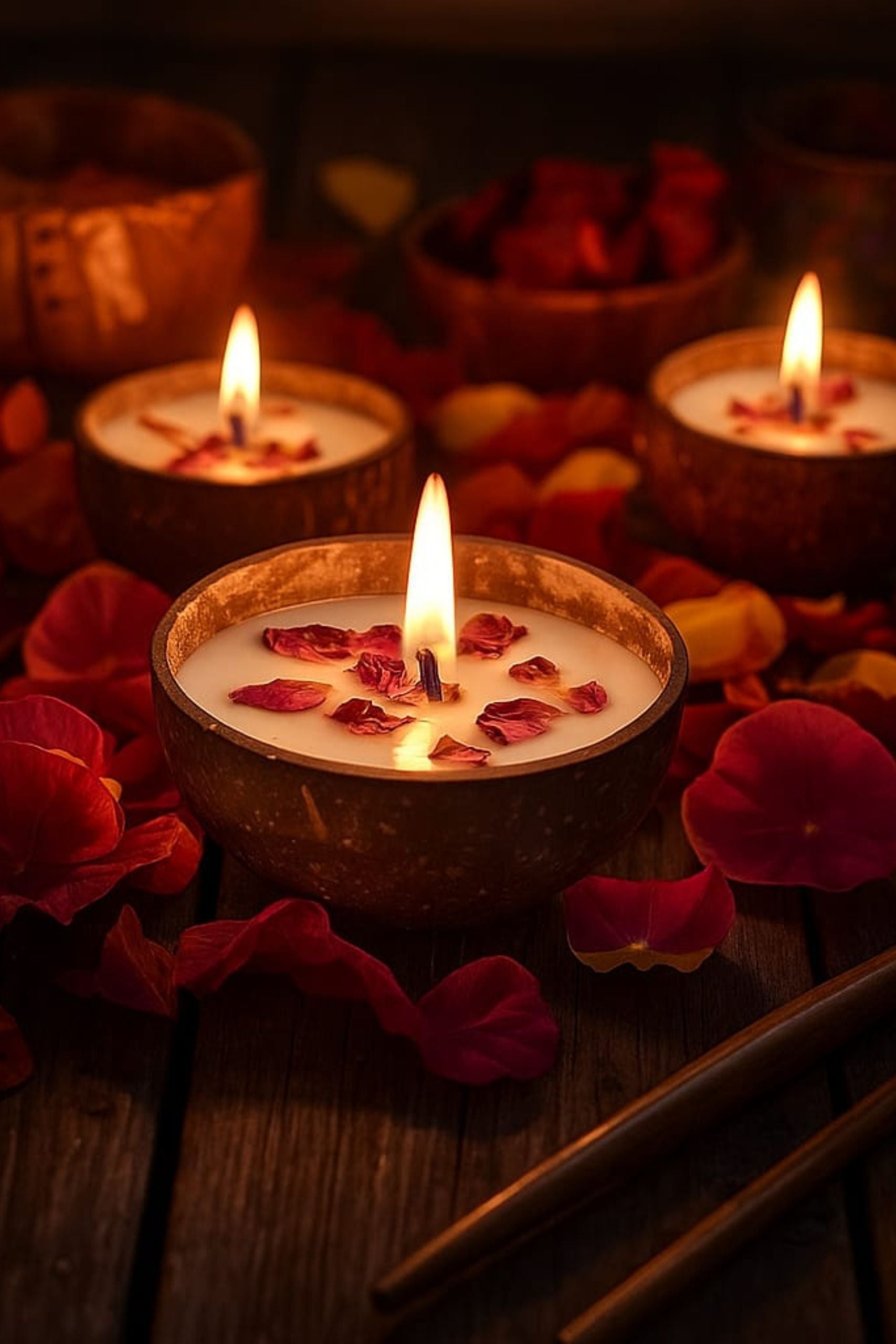Eco-friendly soy wax candle by Almitra Sustainables in a natural coconut shell, topped with dried rose petals and lit during Diwali. Surrounded by traditional diya's, incense, and festive decor, this handmade candle is perfect for sustainable celebrations and zero-waste gifting.