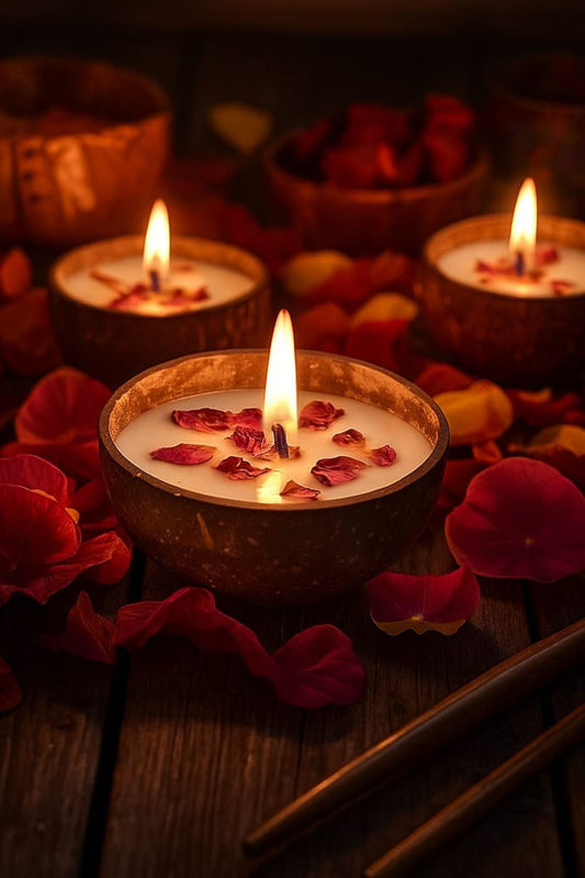 Eco-friendly soy wax candle by Almitra Sustainables in a natural coconut shell, topped with dried rose petals and lit during Diwali. Surrounded by traditional diya's, incense, and festive decor, this handmade candle is perfect for sustainable celebrations and zero-waste gifting.