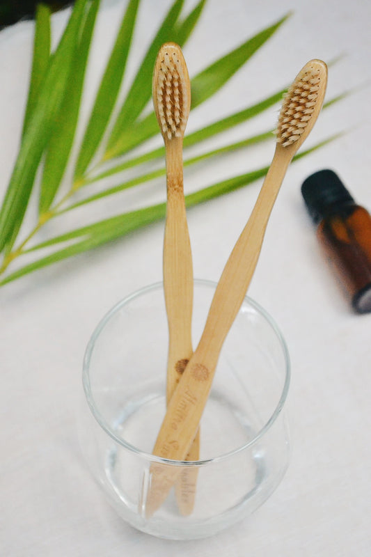 Two biodegradable bamboo toothbrushes with natural bristles in a glass, set on a minimalist, eco-friendly background.