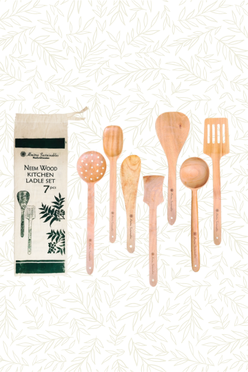 Complete neem wood kitchen ladle set by Almitra Sustainables with storage pouch including stirring spoons, ladles and spatulas, handcrafted eco-friendly wooden cooking utensils made from natural antibacterial neem wood.
