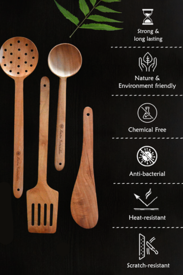 Natural neem wood kitchen utensils by Almitra Sustainables including ladle, spatula and stirring spoons displayed on dark background with sustainability icons highlighting antibacterial, chemical-free, heat-resistant and eco-friendly cooking tools.