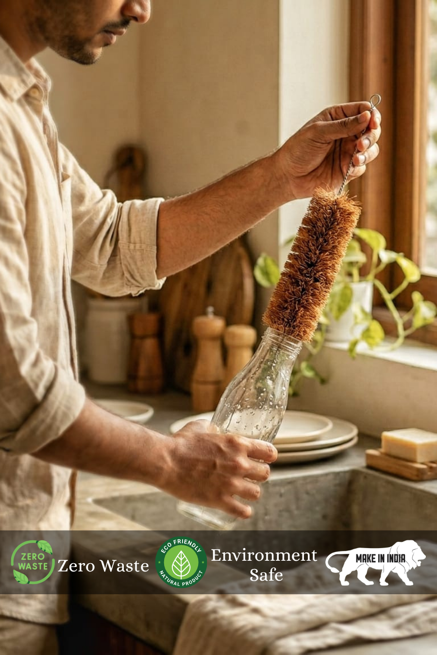 Man is washing a  glass bottle using Almitra Sustainables coconut coir bottle cleaner