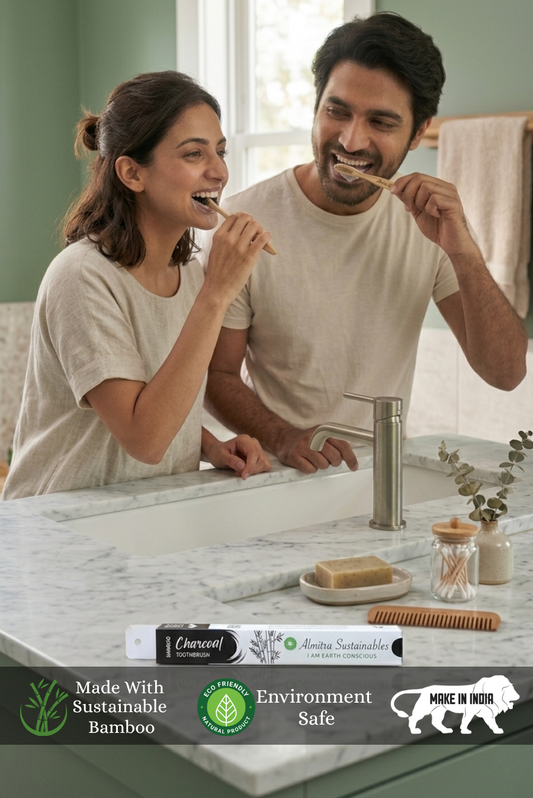 Man and woman brushing their teeth together in a bathroom, with Charvee toothpaste branding.