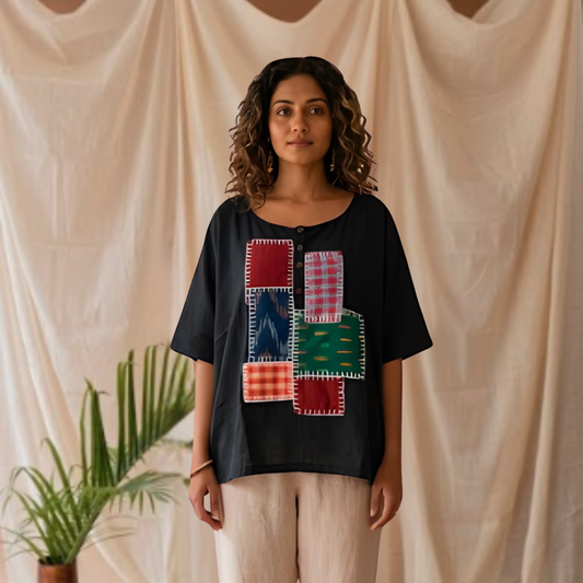 Black Linen Patchwork Relaxed Fit Top
