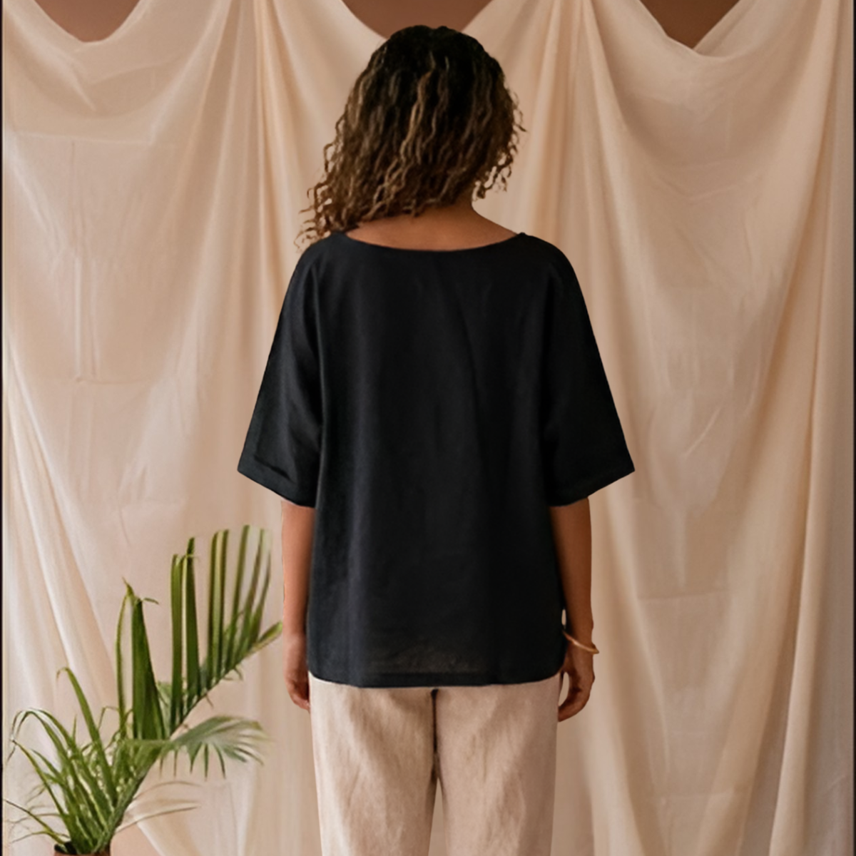 Black Linen Patchwork Relaxed Fit Top