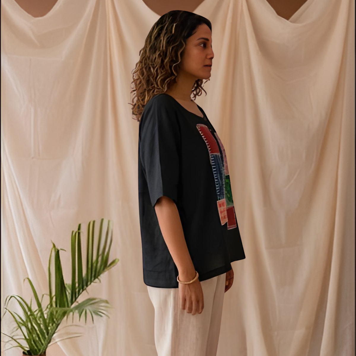 Black Linen Patchwork Relaxed Fit Top