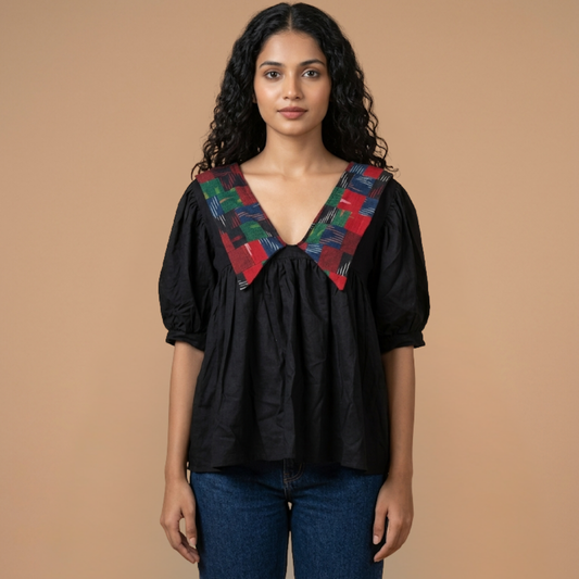 Black Linen With Big Collar Ikat Patchwork
