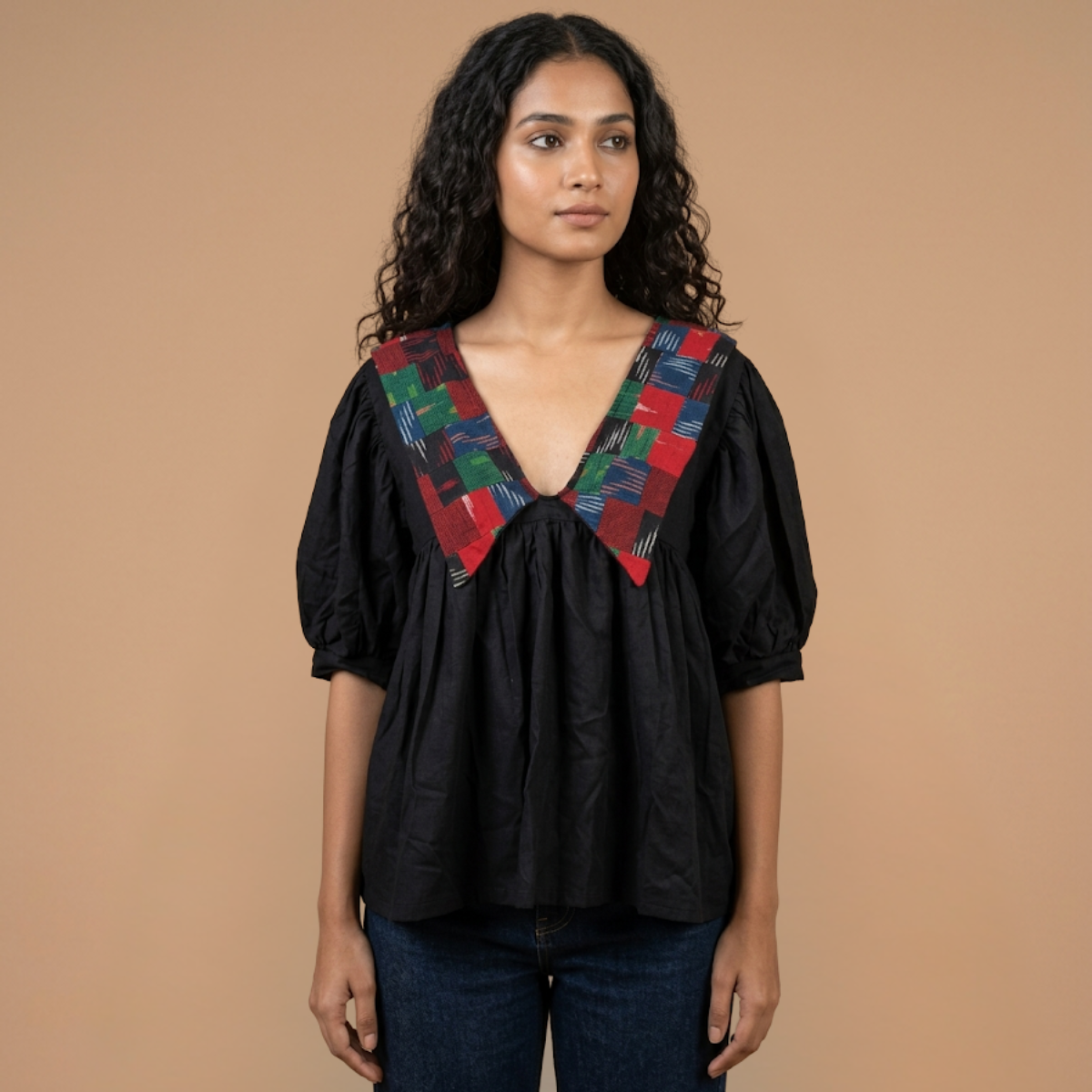 Black Linen With Big Collar Ikat Patchwork