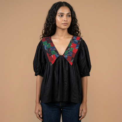 Black Linen With Big Collar Ikat Patchwork