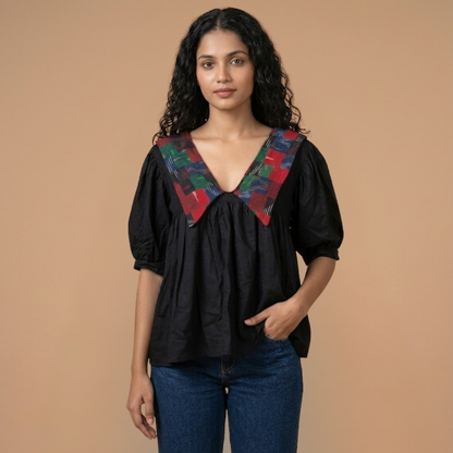 Black Linen With Big Collar Ikat Patchwork