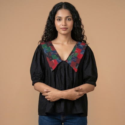Black Linen With Big Collar Ikat Patchwork