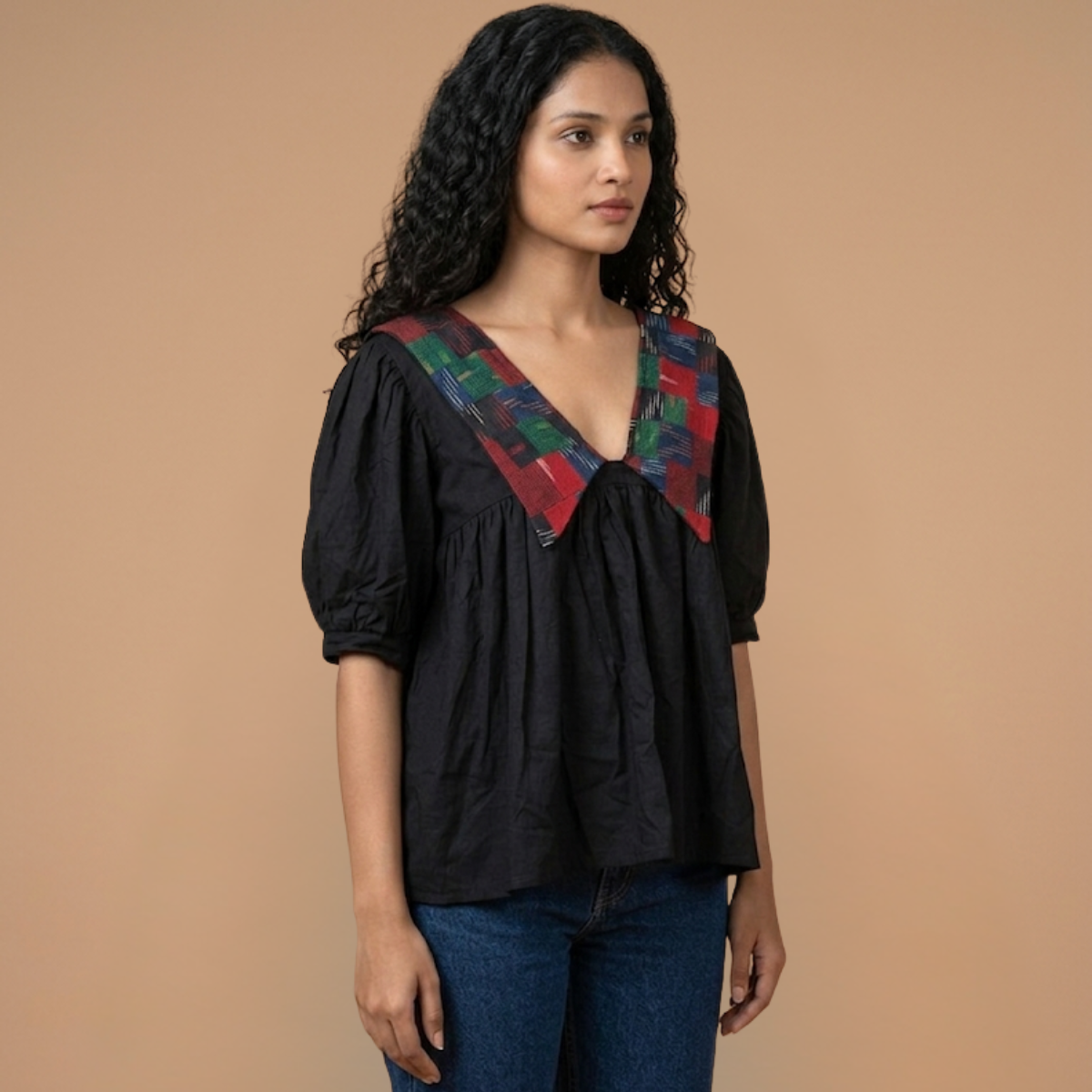 Black Linen With Big Collar Ikat Patchwork