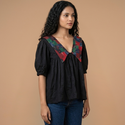 Black Linen With Big Collar Ikat Patchwork