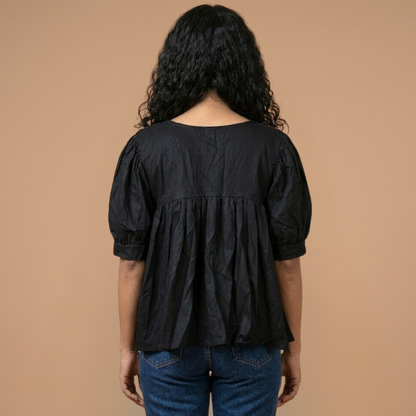 Black Linen With Big Collar Ikat Patchwork