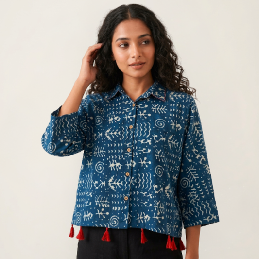 Blue Collar Cotton Shirt With Tassels