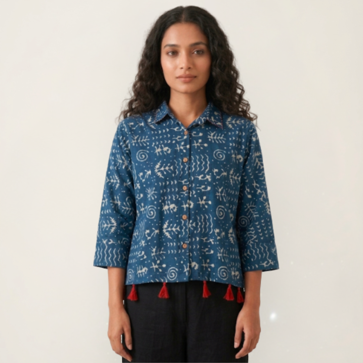 Blue Collar Cotton Shirt With Tassels