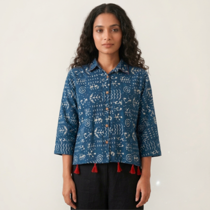 Blue Collar Cotton Shirt With Tassels
