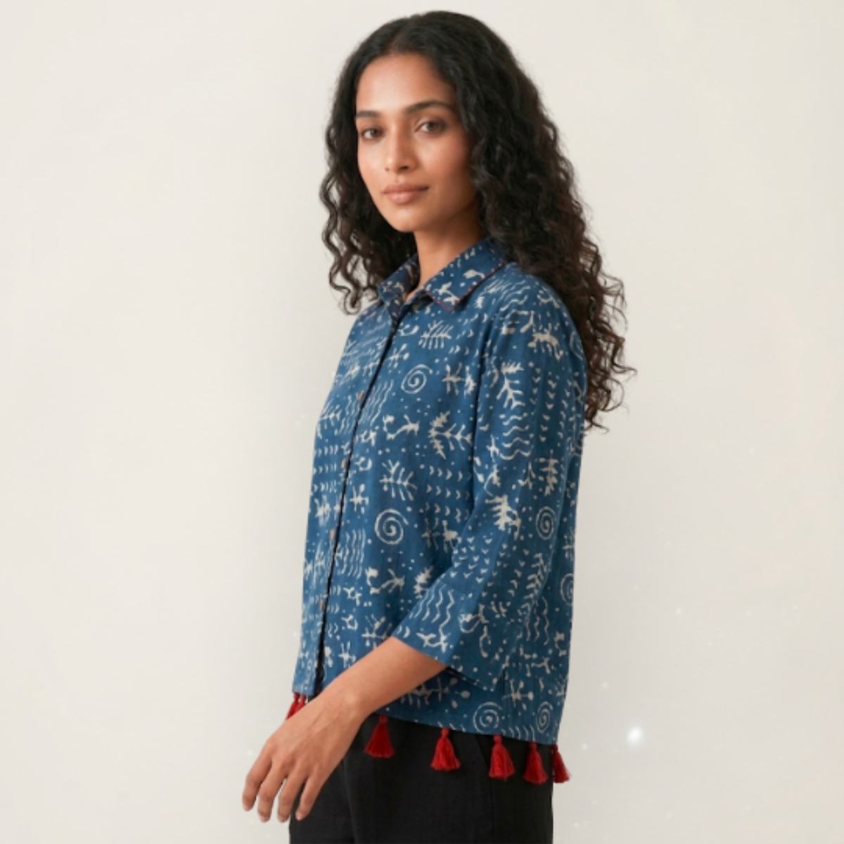 Blue Collar Cotton Shirt With Tassels