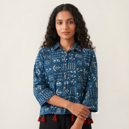 Blue Collar Cotton Shirt With Tassels