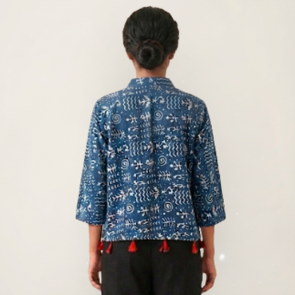 Blue Collar Cotton Shirt With Tassels