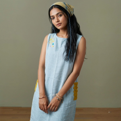 Blue Linen Hand Embroidered  Dress