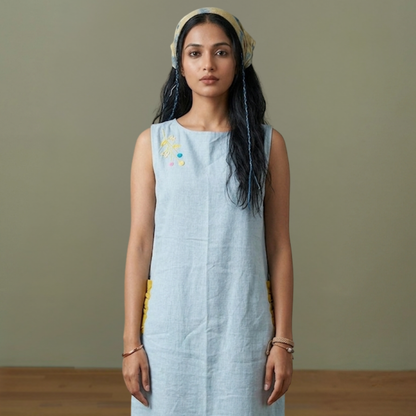 Blue Linen Hand Embroidered  Dress