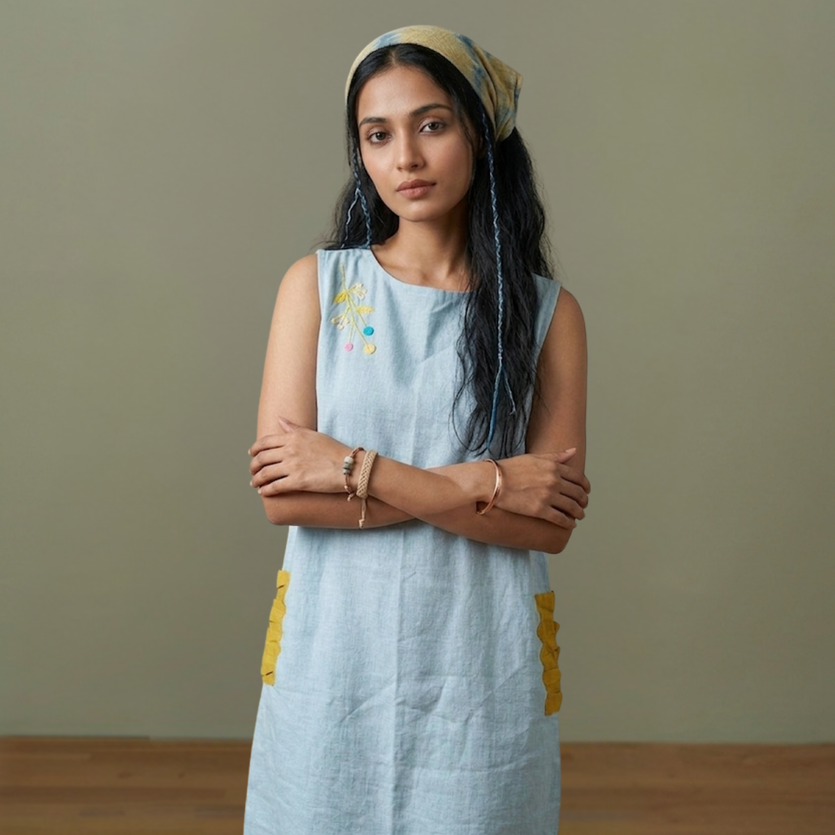 Blue Linen Hand Embroidered  Dress