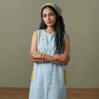 Blue Linen Hand Embroidered  Dress