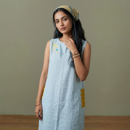 Blue Linen Hand Embroidered  Dress