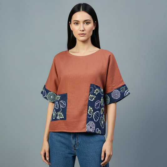 Dark Peach Slub Cotton Anti-Fit Top | Hand Embroidered Flora Patchwork