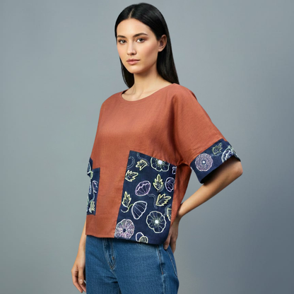Dark Peach Slub Cotton Anti-Fit Top | Hand Embroidered Flora Patchwork