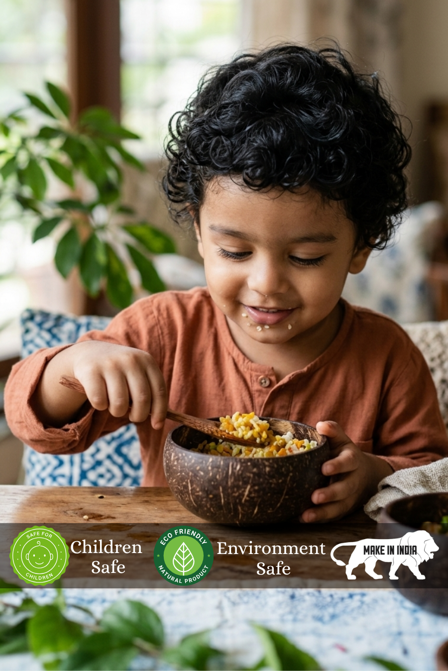 Child is eating using Almitra Sustainables Coconut Bowl