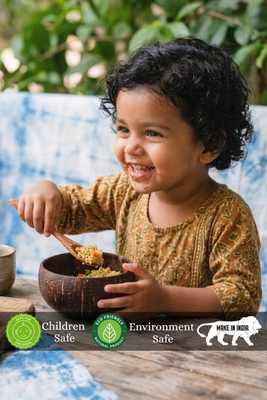 Child eating from a coconut bowl with 'Children Safe' and 'Environment Safe' labels in the corner.