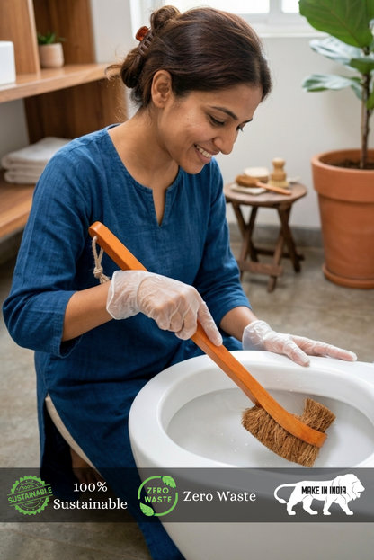 Woman cleaning a toilet with a brush, wearing gloves, in a home setting.
