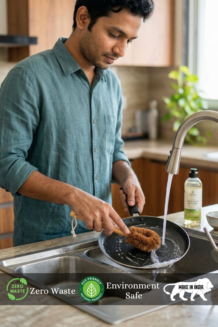 Man washing a pan in a kitchen with a zero waste and environment-safe product visible using Coconut Fiber Long Handle Pot Brush 