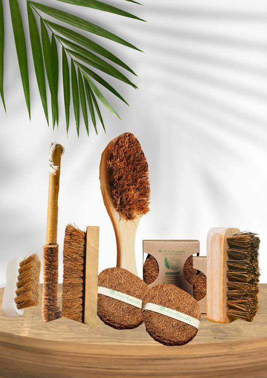 “Complete Sustainability Kit with brushes, coir scrubbers, and reusable eco-friendly home essentials by Almitra Sustainables.”