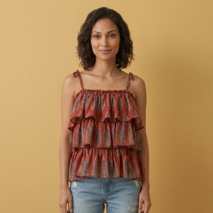 Cotton Ajrakh Hand Block Spaghetti Frill Top
