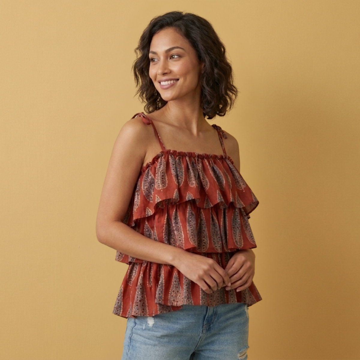 Cotton Ajrakh Hand Block Spaghetti Frill Top