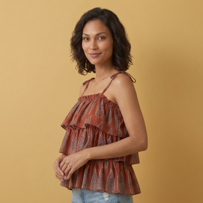 Cotton Ajrakh Hand Block Spaghetti Frill Top