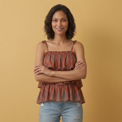Cotton Ajrakh Hand Block Spaghetti Frill Top